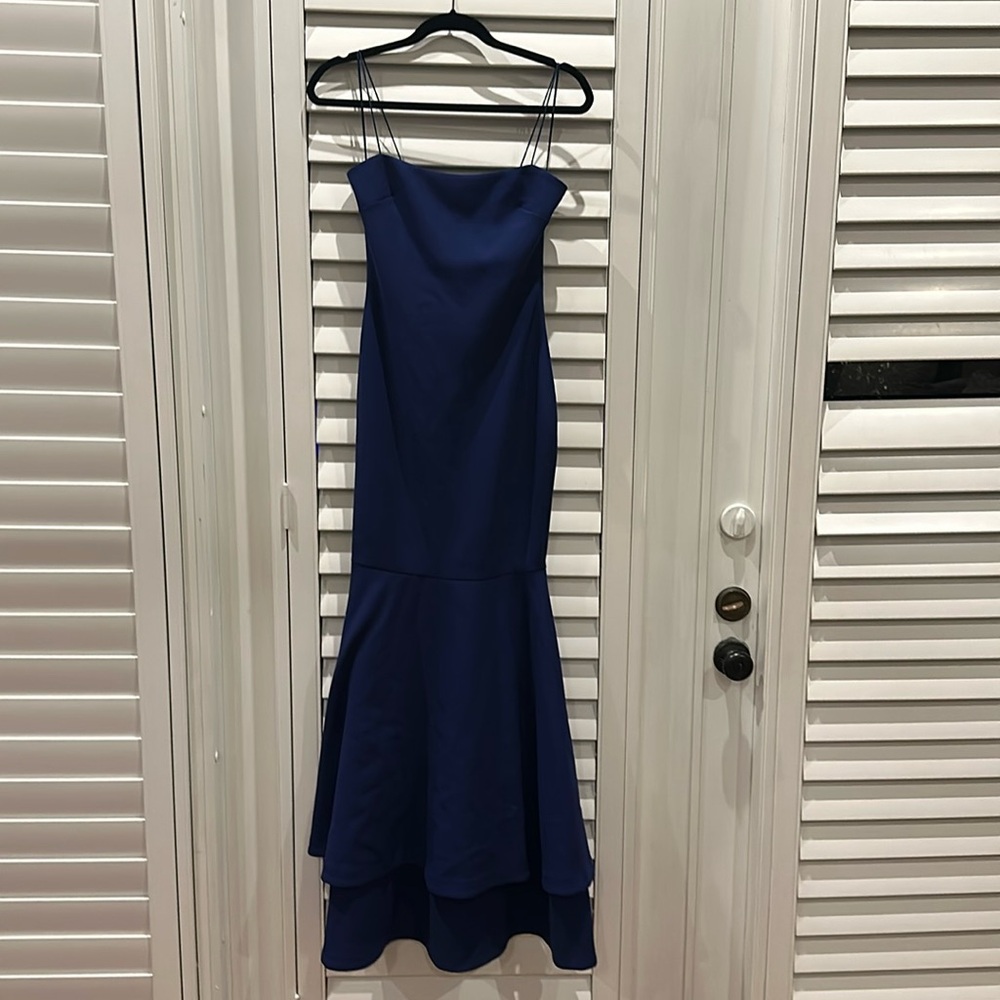 Likely size 0 long blue gown fitted worn once ..